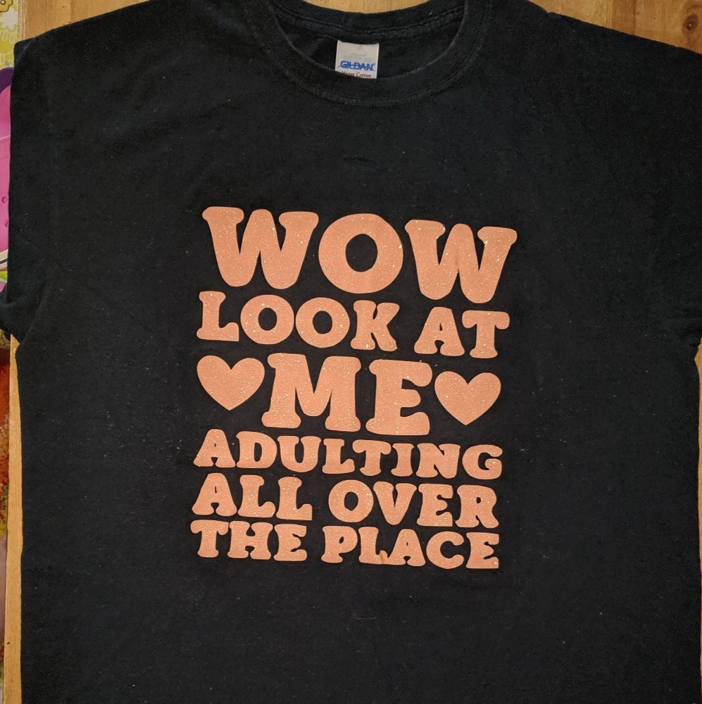 Women's large black shirt top L peach sparkle